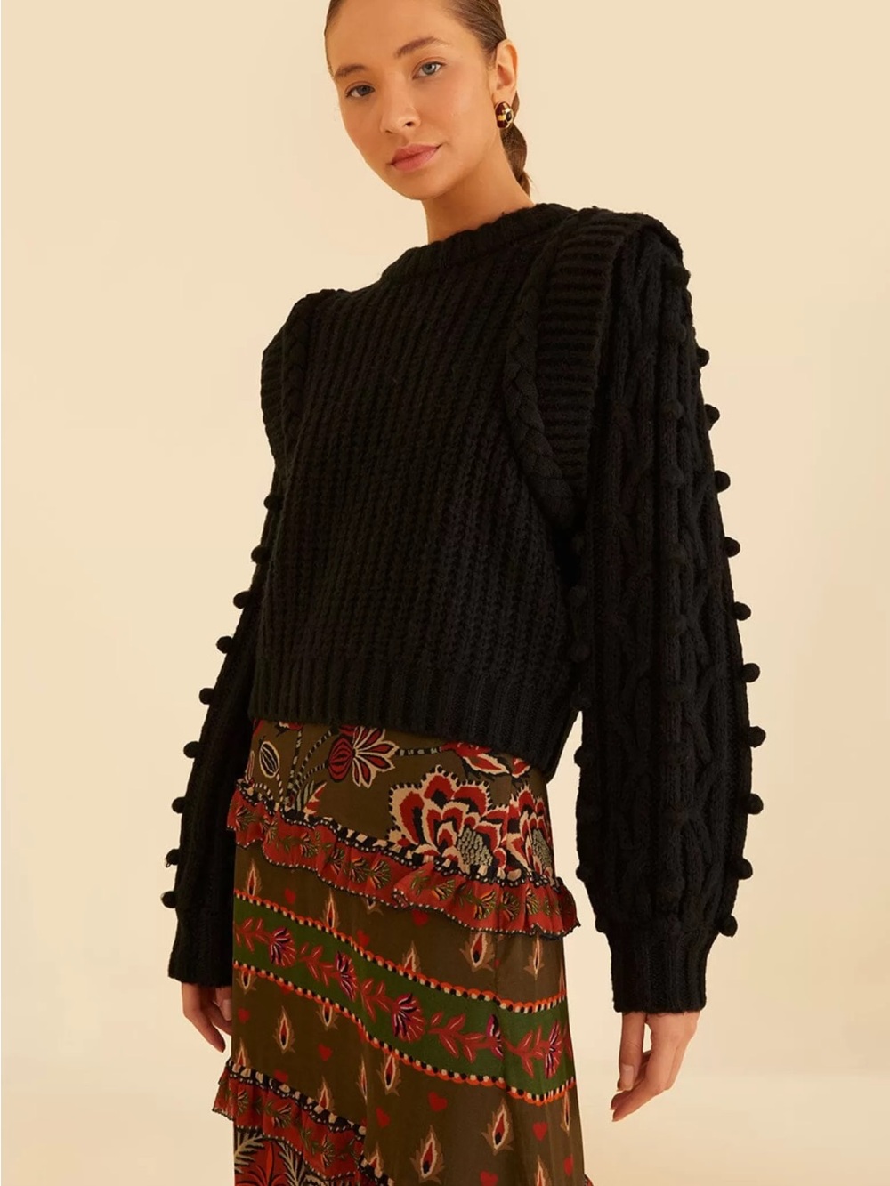 FARM Rio Black Ribbed Cable-Trim Women's Sweater